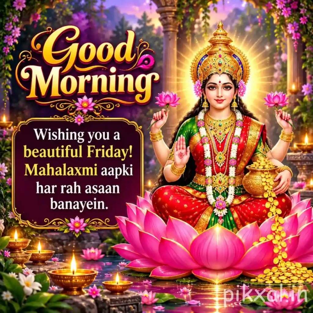 Good morning god images showing Goddess Lakshmi seated on a large pink lotus surrounded by colorful flowers
