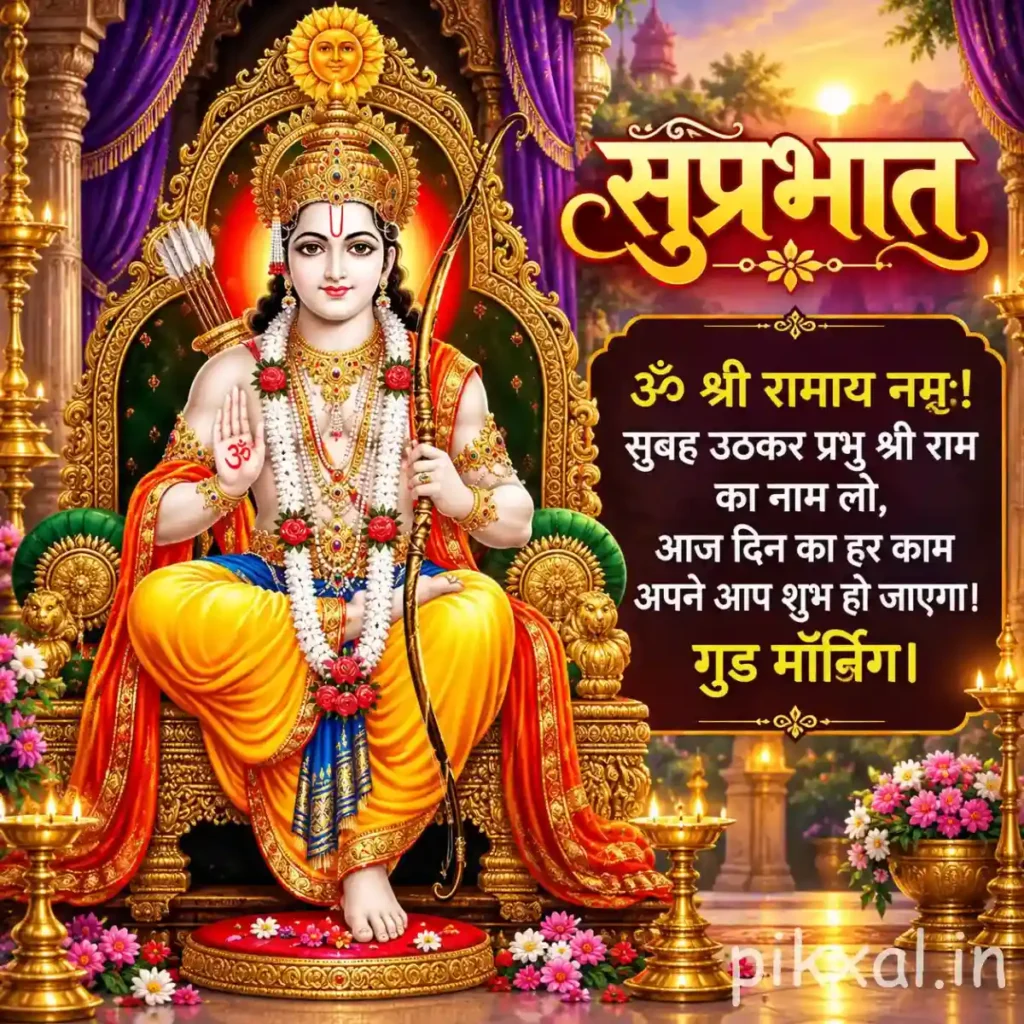 Good morning god images featuring Lord Rama seated on a golden throne with a bow and arrow