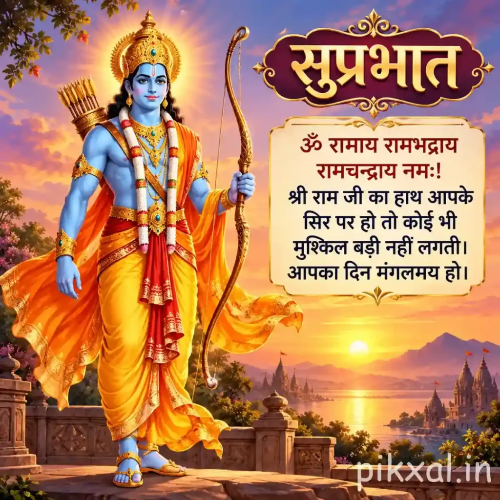 Good morning god images featuring Lord Rama holding a bow and arrow with a golden crown and mountain scenery