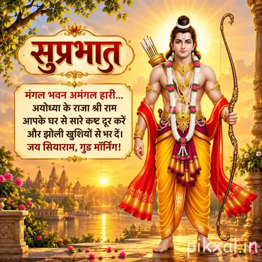 Good morning god images featuring Lord Rama holding a bow and arrow beside a temple at sunrise
