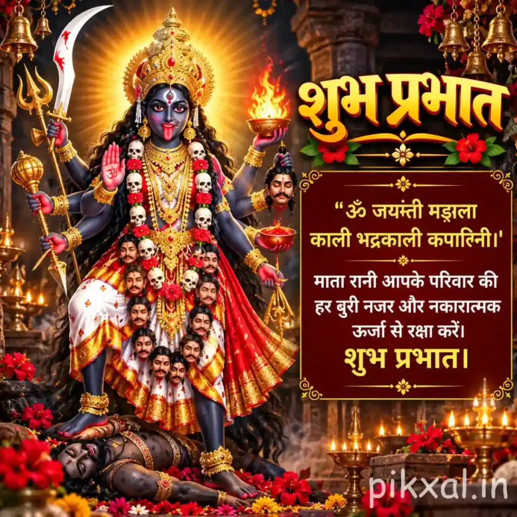 Good morning god images featuring Goddess Kali with multiple arms, a trident and a radiant golden aura