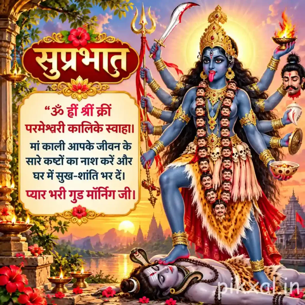 Good morning god images depicting Goddess Kali with multiple arms, a trident and a dark blue divine aura