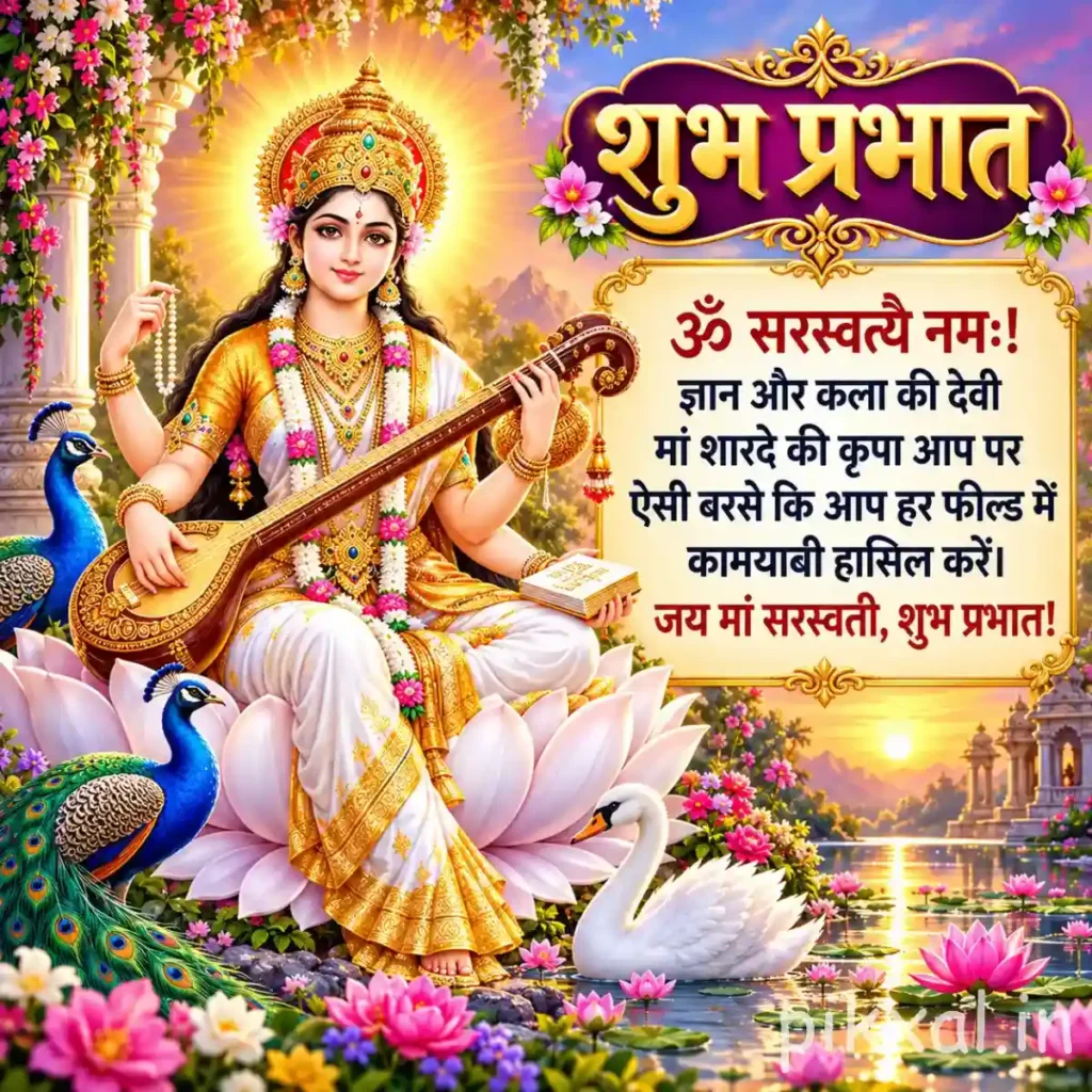 Good morning god images featuring Goddess Saraswati playing a veena while seated on a white lotus with a peacock nearby