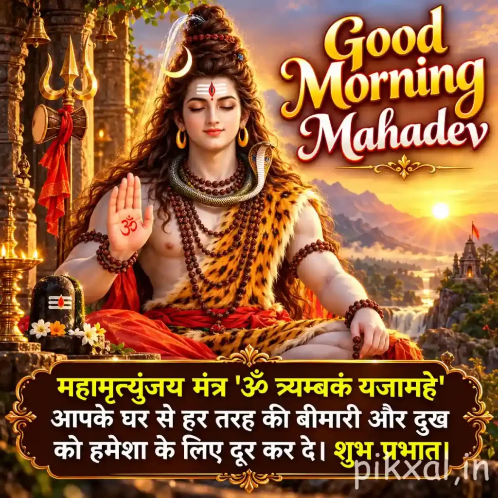 Good morning god images featuring Lord Shiva seated beside a Shiva Lingam in a glowing temple with a trident