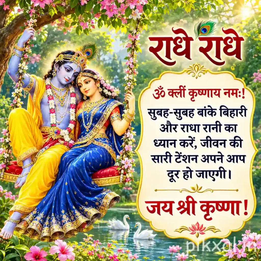 Good morning god images showing Radha and Krishna seated together among flowers with peacocks in the background