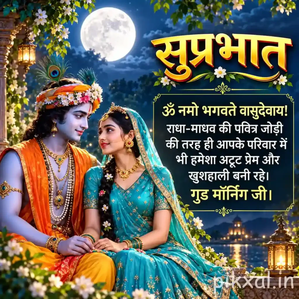 Good morning god images featuring Radha and Krishna seated together beneath a full moon in a blue floral garden