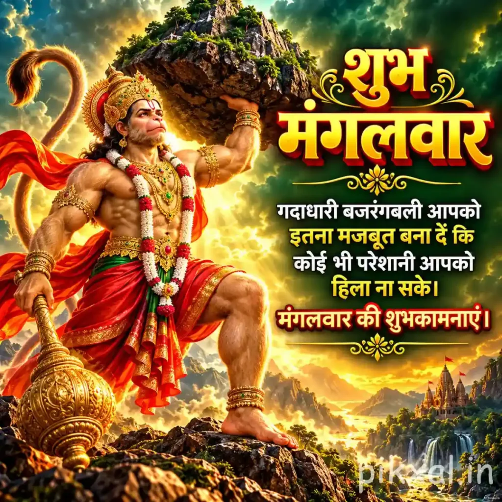 Good morning god images depicting Lord Hanuman carrying the Sanjeevani mountain above a glowing landscape