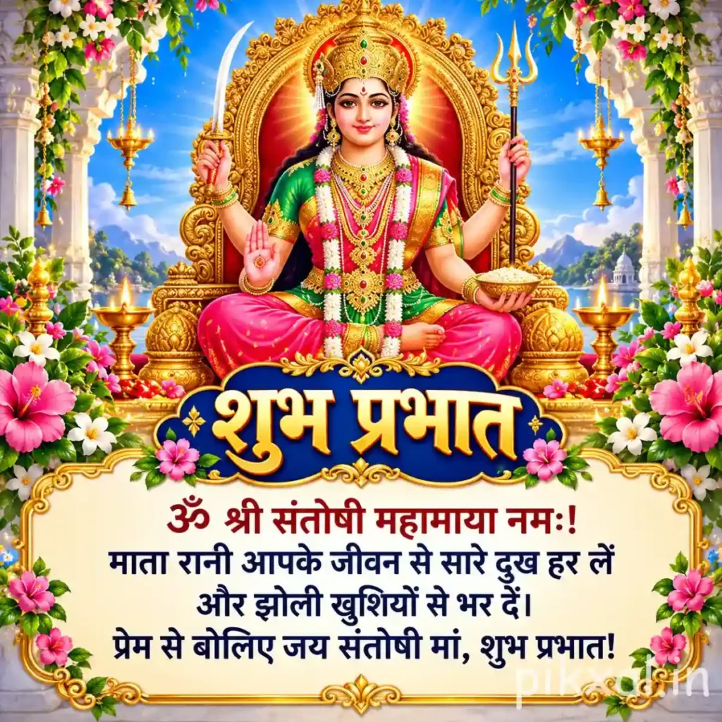 Good morning god images featuring Santoshi Mata seated on a pink lotus with a golden crown and floral decorations