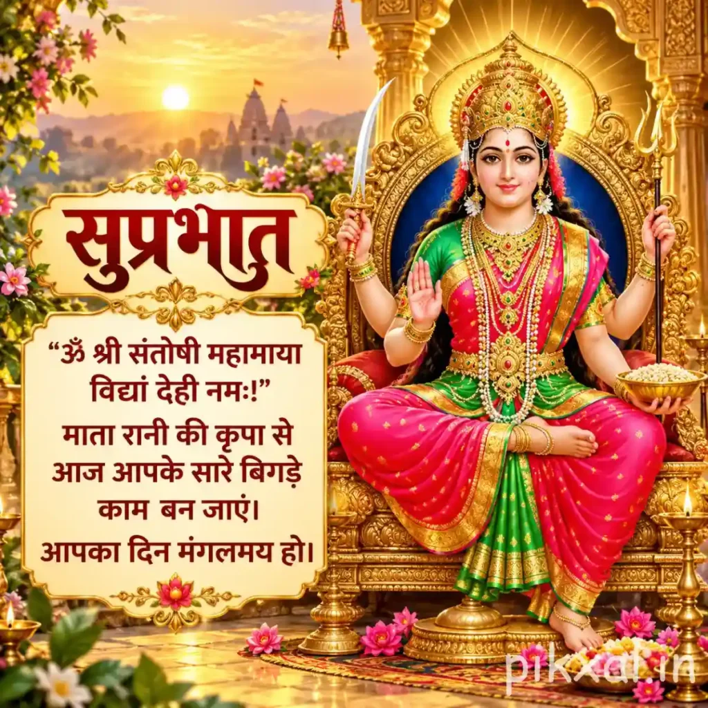 Good morning god images showing Santoshi Mata seated on a golden throne with a radiant halo and red garments