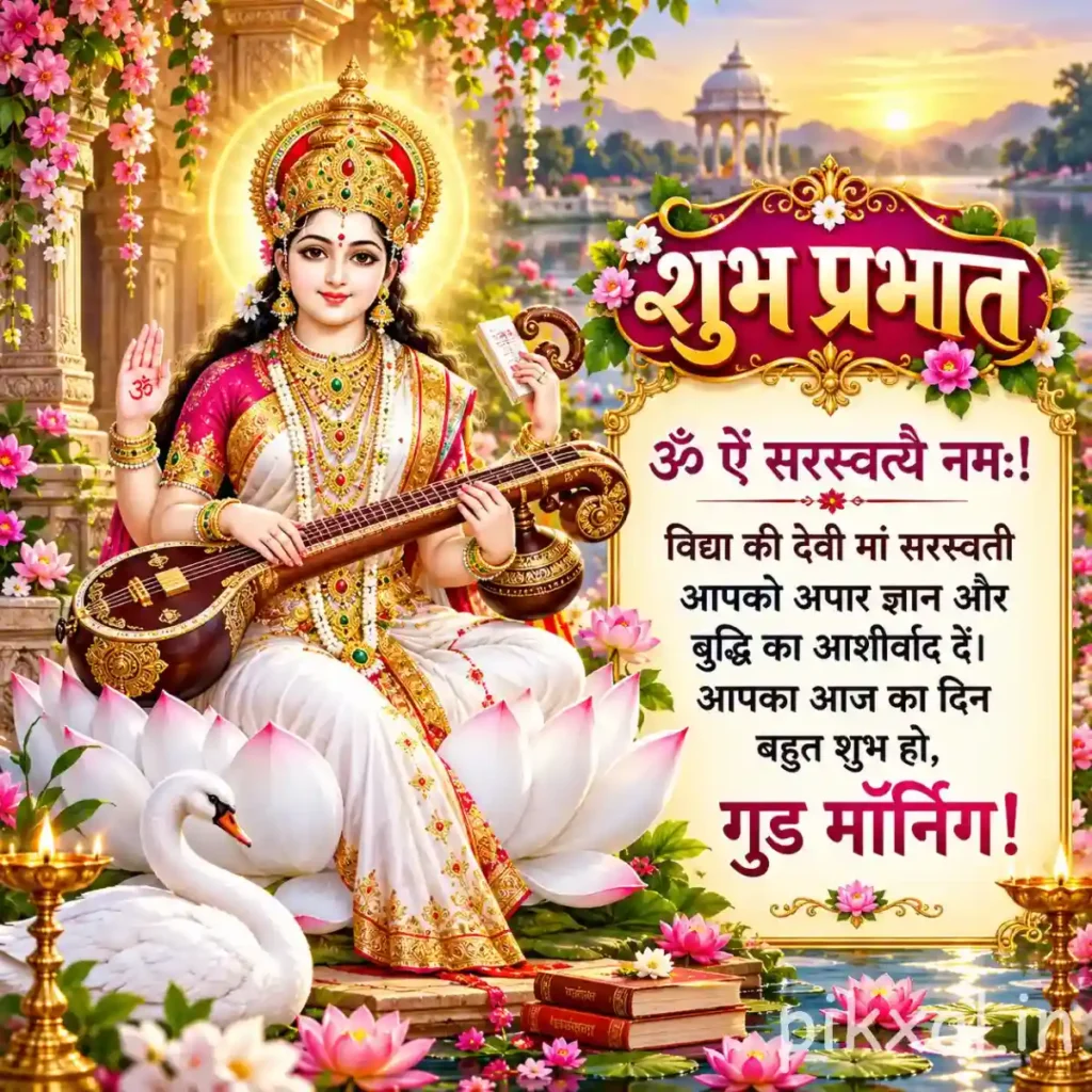 Good morning god images featuring Goddess Saraswati playing a veena while seated on a white lotus in a temple garden