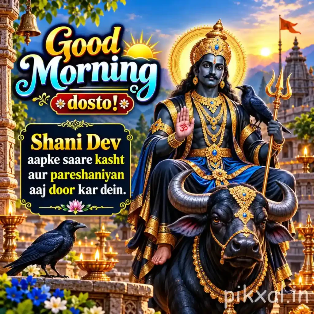 Good morning god images featuring Shani Dev seated on a throne beside a black crow and glowing temple lamps