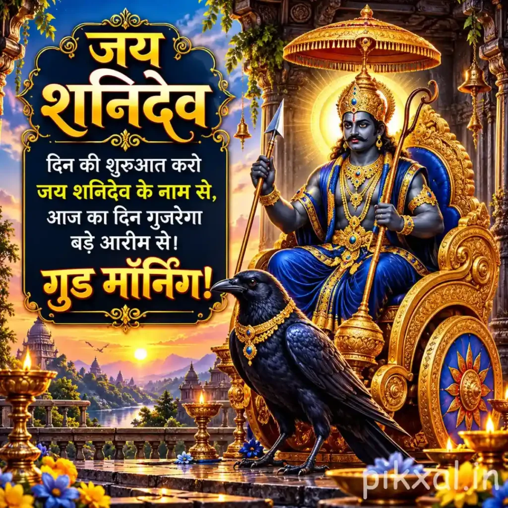 Good morning god images showing Shani Dev seated on an ornate golden chariot with a black crow
