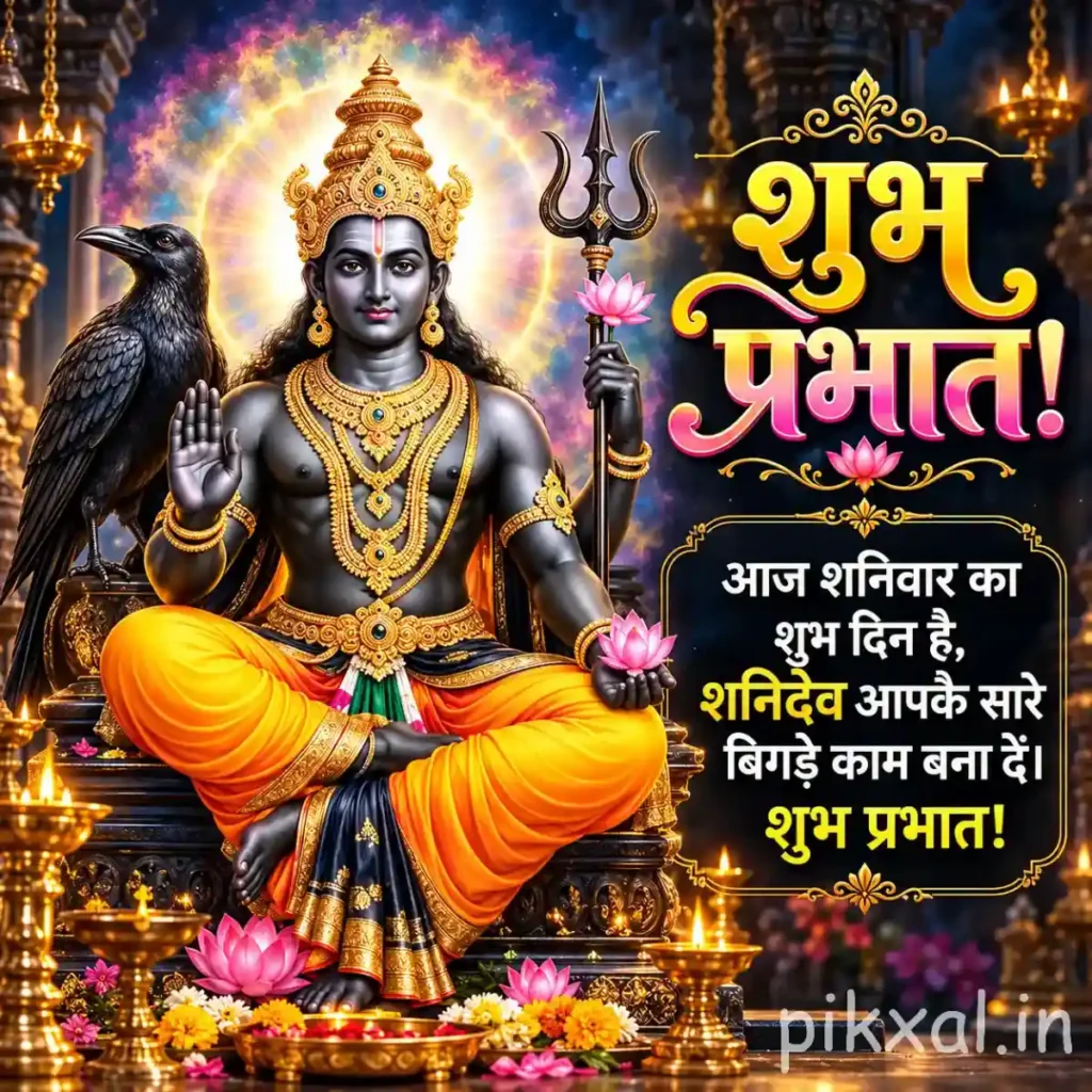 Good morning god images showing Shani Dev seated in meditation with a trident, yellow garments and pink lotus flowers