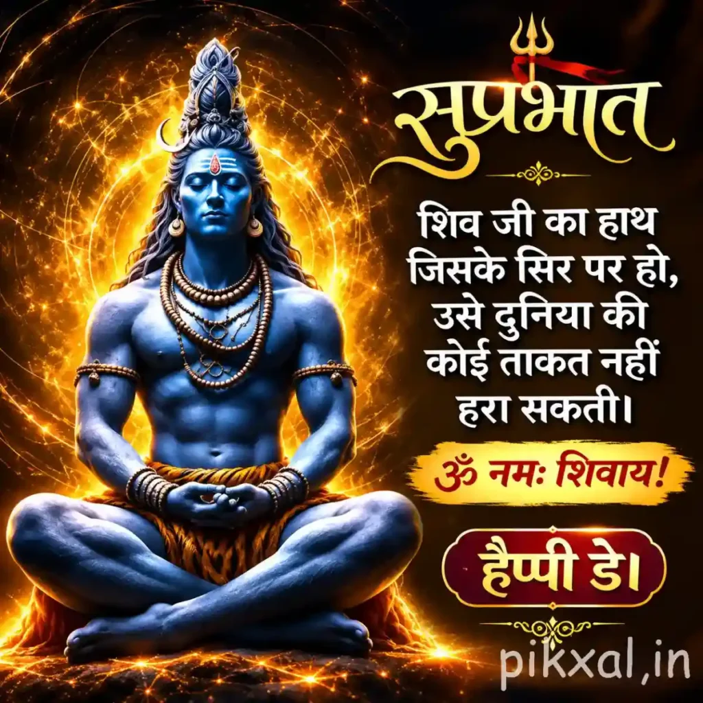 Good morning god images featuring Lord Shiva seated in meditation with a blue aura, crescent moon and trident