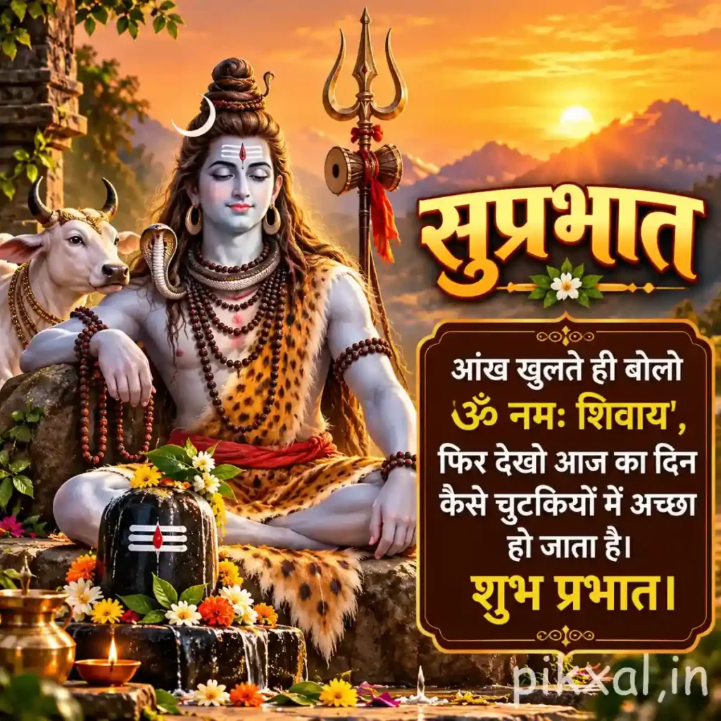Good morning god images showing Lord Shiva beside a Shiva Lingam with Nandi and a forest landscape