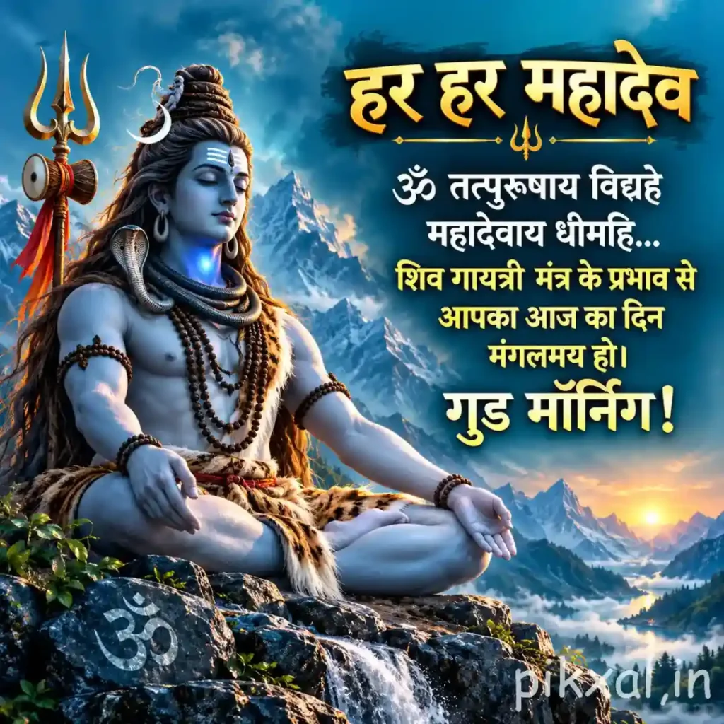 Good morning god images showing Lord Shiva seated in meditation with a trident and blue mountain scenery