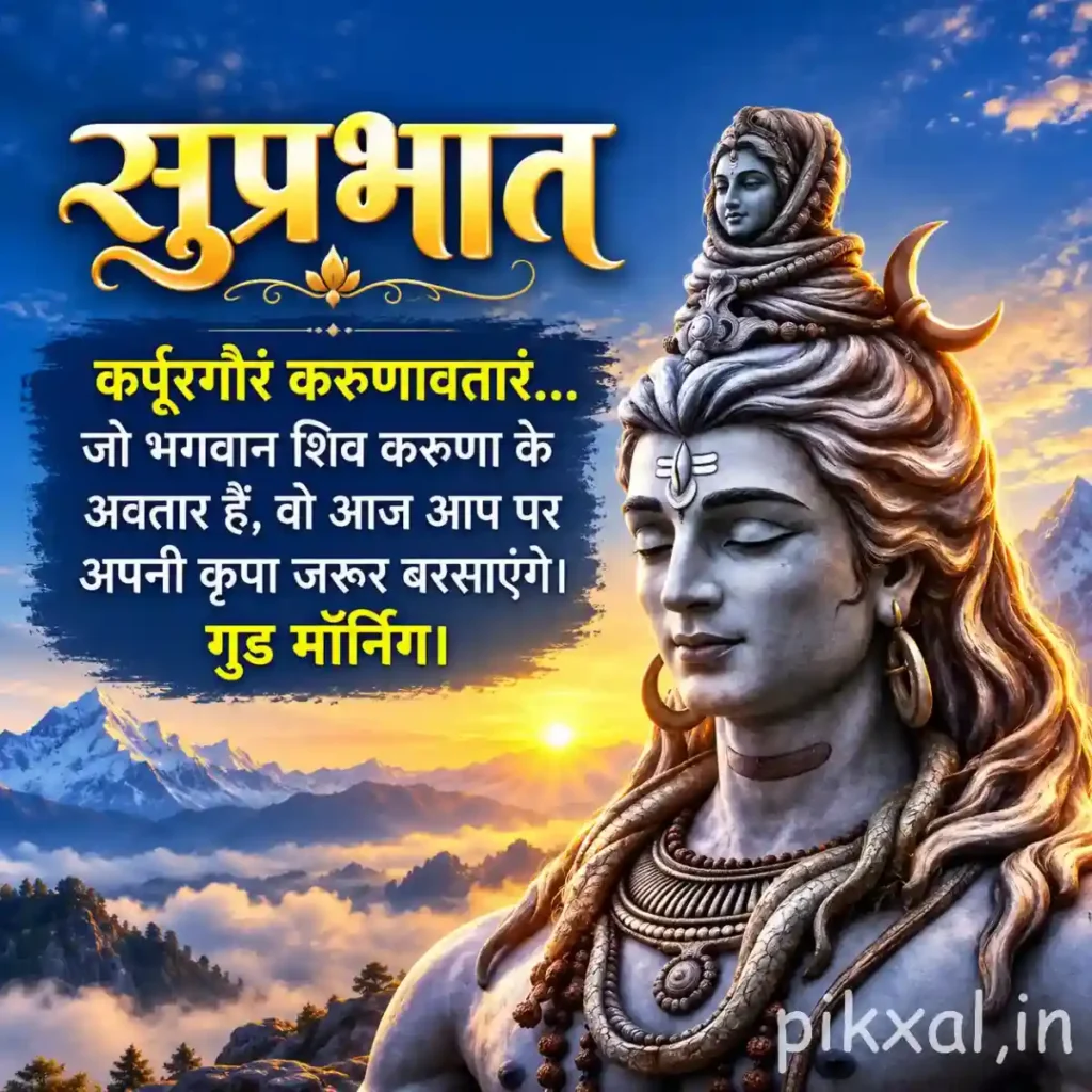 Good morning god images showing a stone statue of Lord Shiva with a crescent moon and mountains in the background