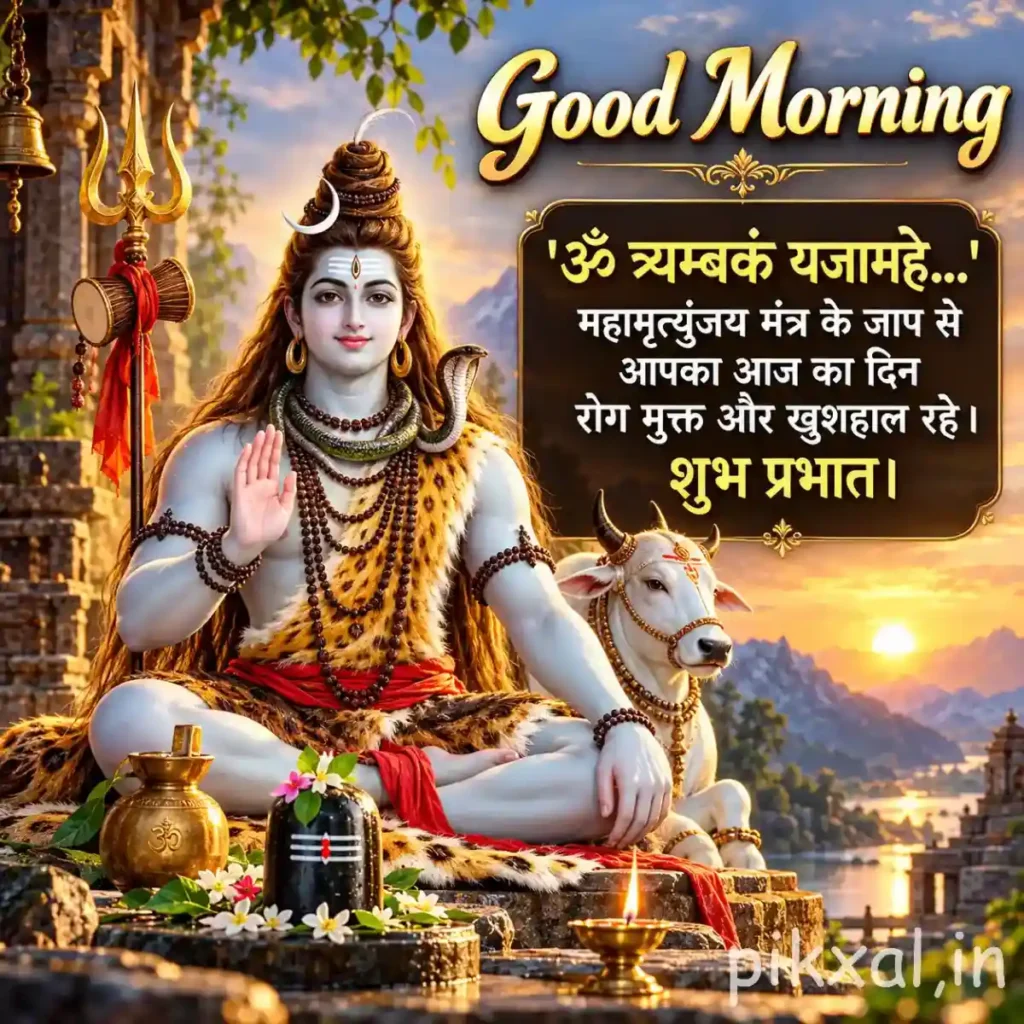 Good morning god images featuring Lord Shiva raising his hand in blessing beside a trident and a golden water pot