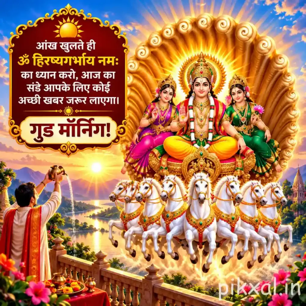 Good morning god images featuring Surya Narayan with divine figures seated on a golden chariot pulled by seven white horses