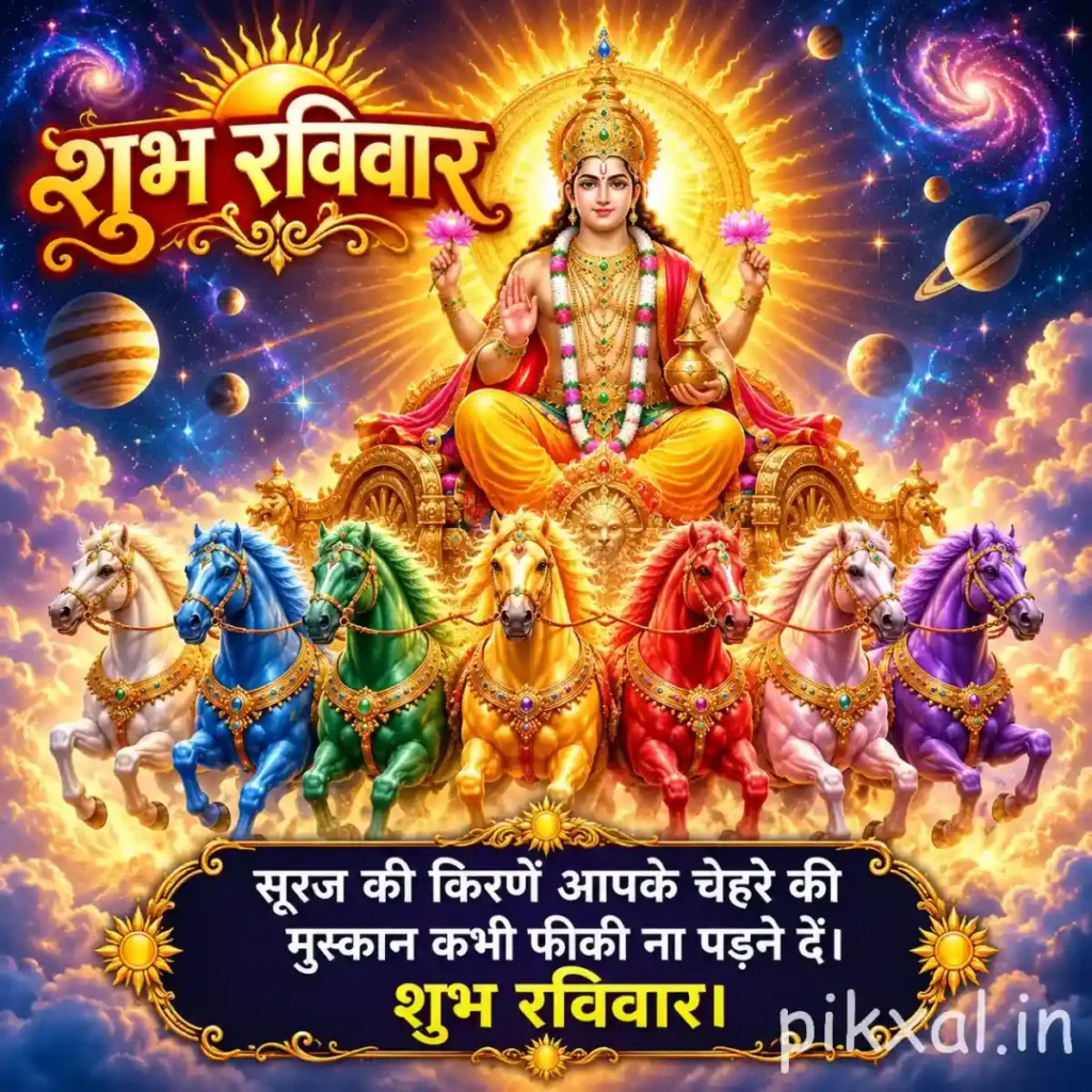 Good morning god images featuring Surya Dev seated on a golden chariot pulled by seven colorful horses against a cosmic sky