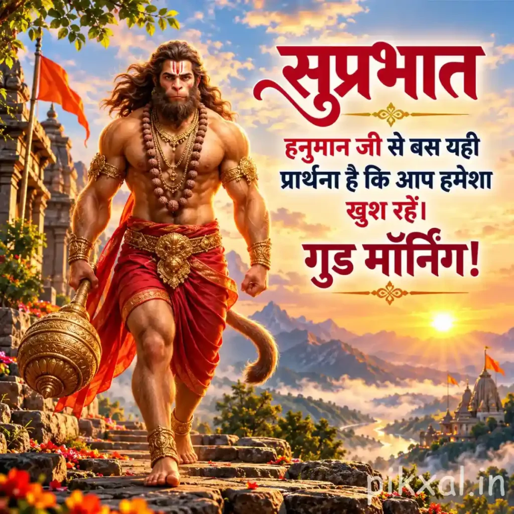 Good morning god images of Veer Hanuman walking with a golden mace against a mountain sunrise