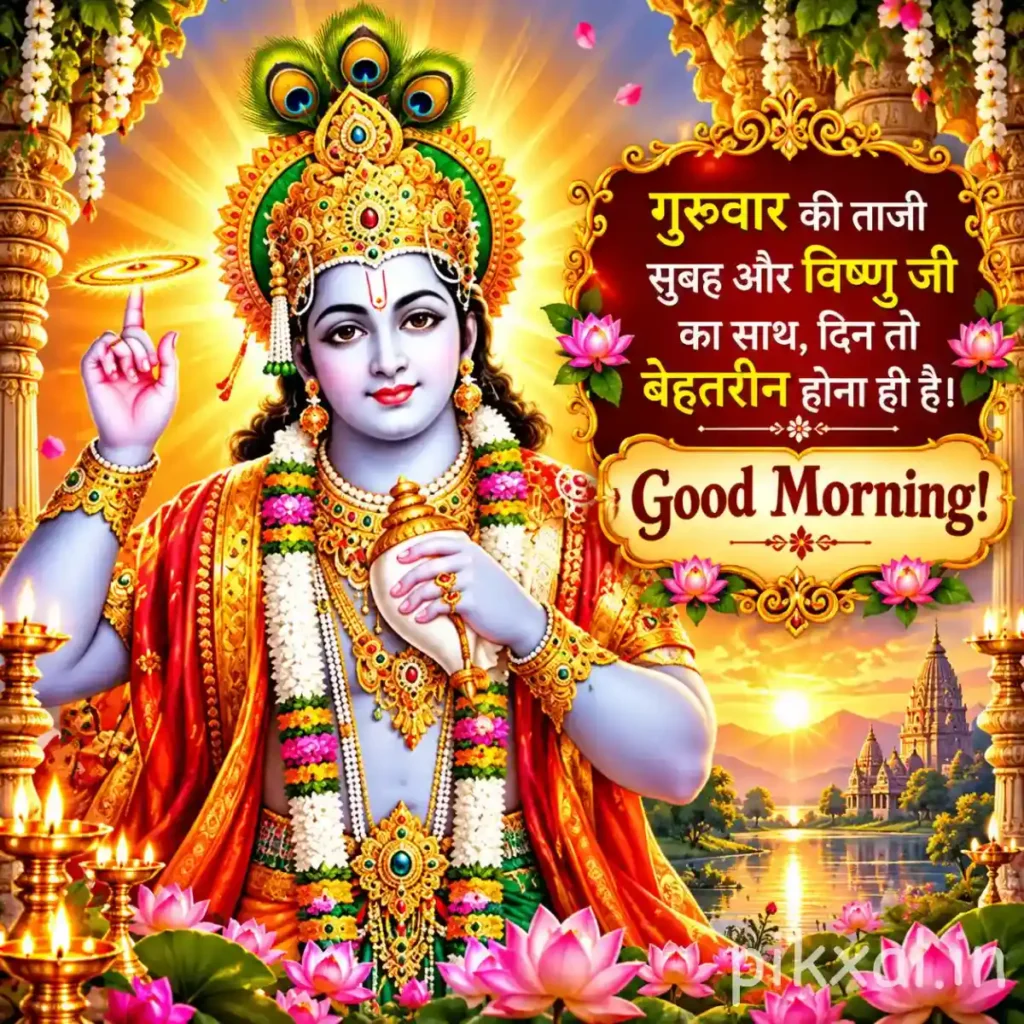 Good morning god images of Lord Vishnu standing among pink lotus flowers with a golden crown and divine aura
