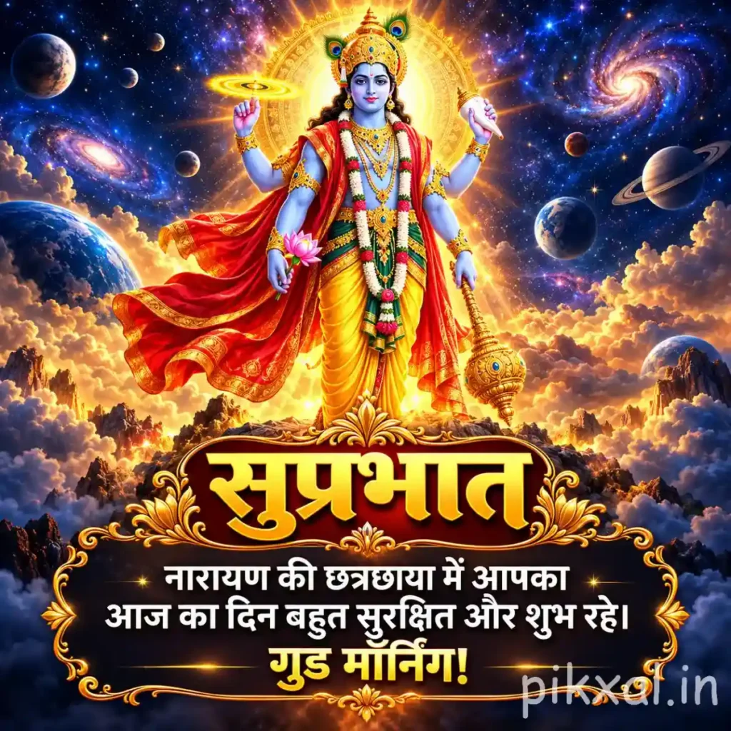 Good morning god images showing Lord Vishnu standing among cosmic galaxies, glowing stars and golden clouds
