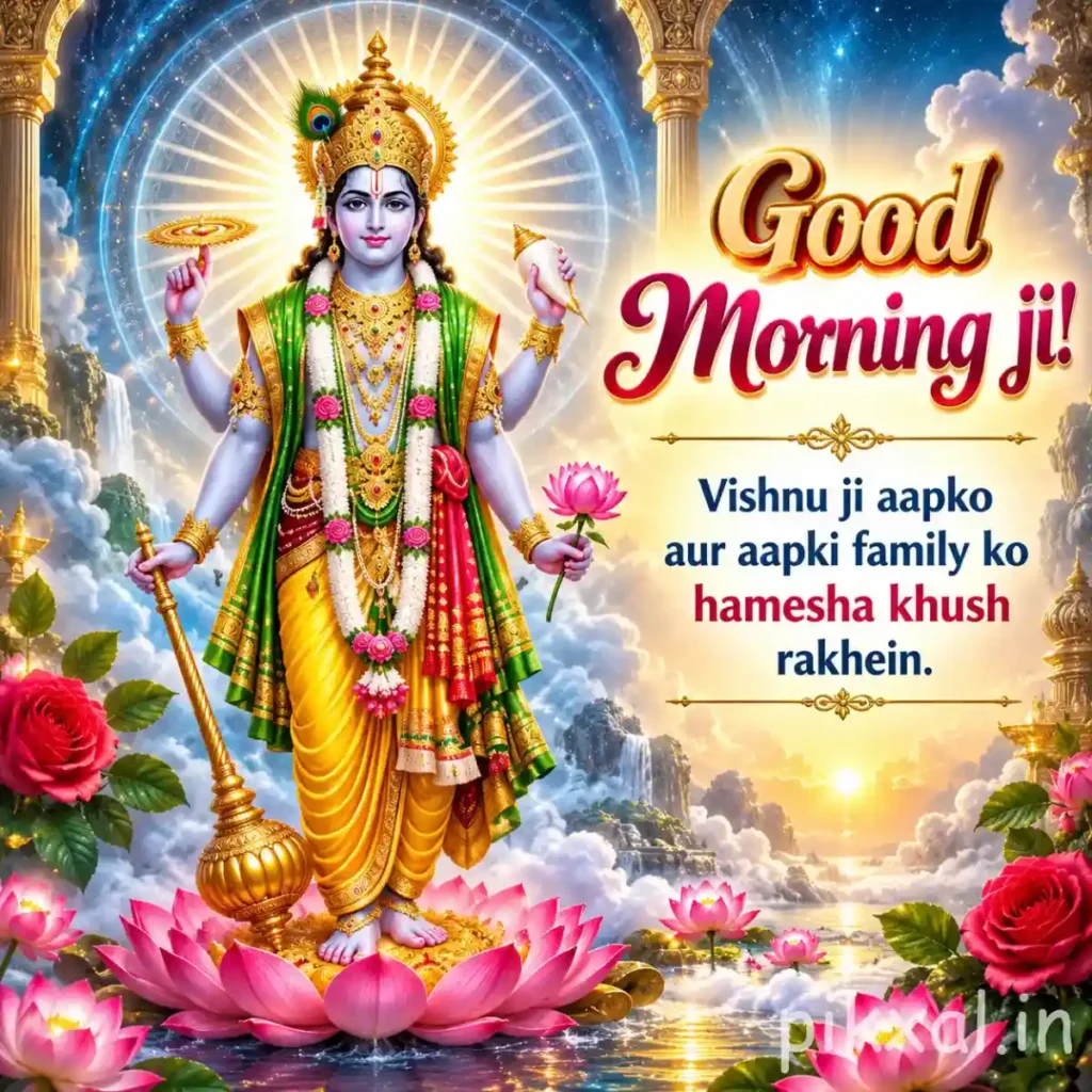 Good morning god images of Lord Vishnu standing on a pink lotus with a radiant halo and a peaceful sky