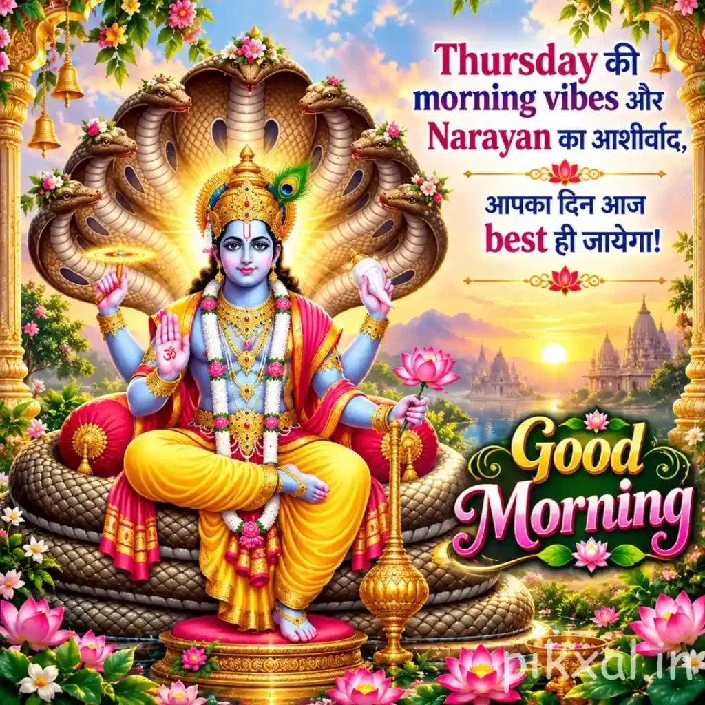 Good morning god images featuring Lord Vishnu reclining on Sheshnag amid lotus flowers and a golden sunrise