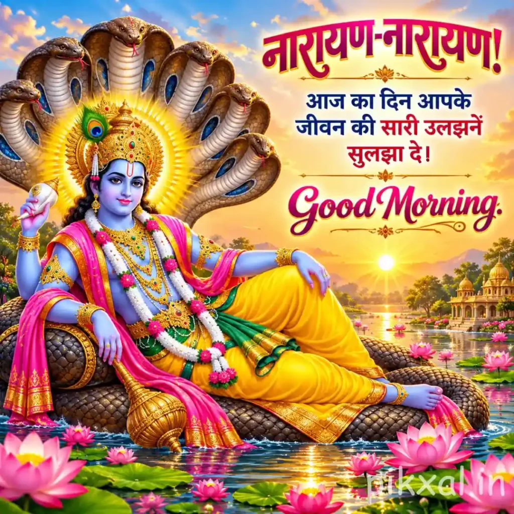 Good morning god images of Lord Vishnu reclining on Sheshnag with colorful lotus flowers and a radiant sunrise