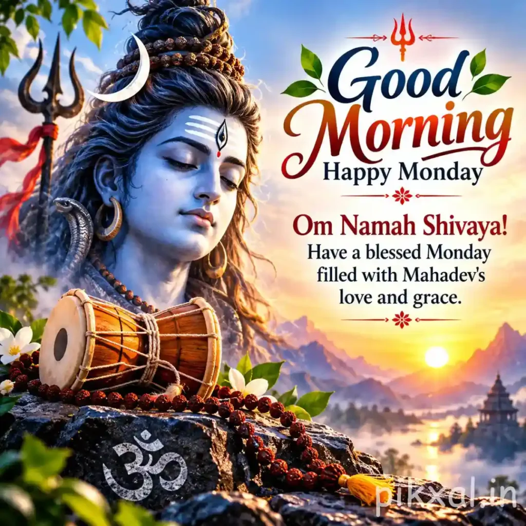 Start your day with peaceful Good Morning Monday God Images featuring Om Namah Shivaya blessings.