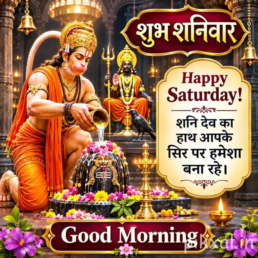 Good Morning Saturday God Images featuring Lord Hanuman praying before a flower-decorated Shiva Lingam beneath temple lamps