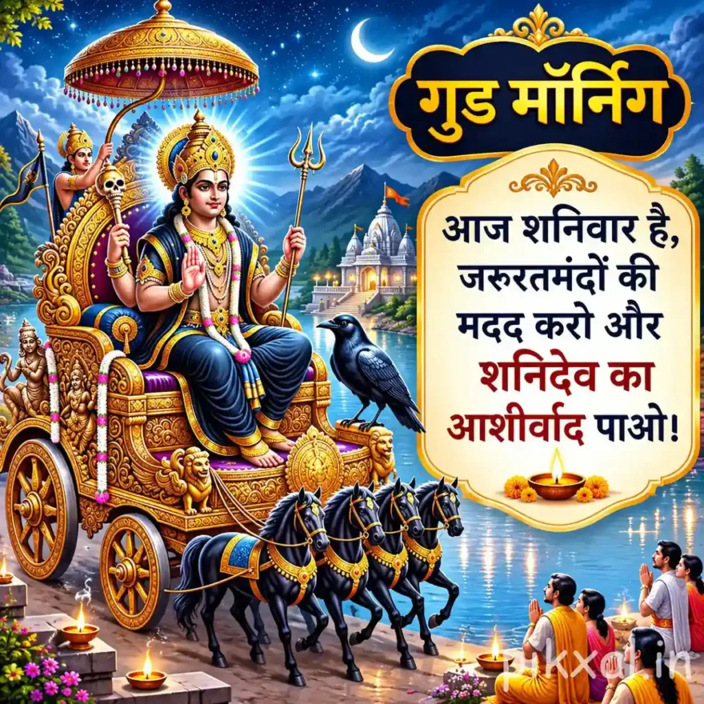 Good Morning Saturday God Images showing Shani Dev seated on a chariot with a black crow against a blue sky
