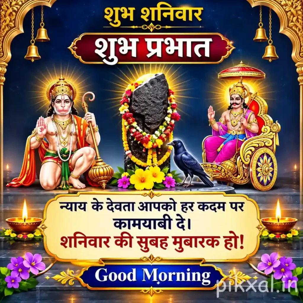 Good Morning Saturday God Images showing a black crow at a decorated shrine surrounded by devotional figures and flowers
