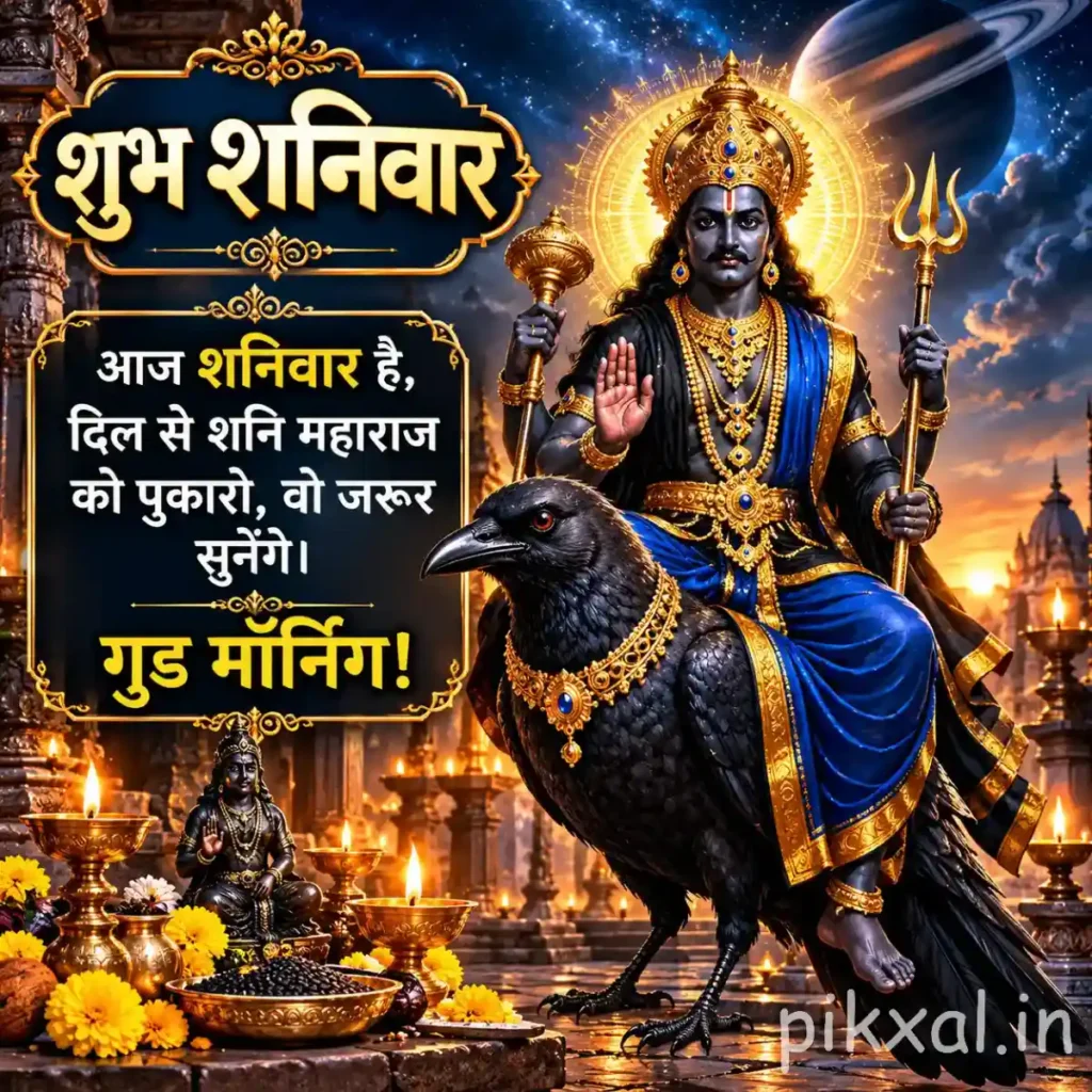 Good Morning Saturday God Images showing Shani Dev seated on a golden throne beside a black crow in a temple