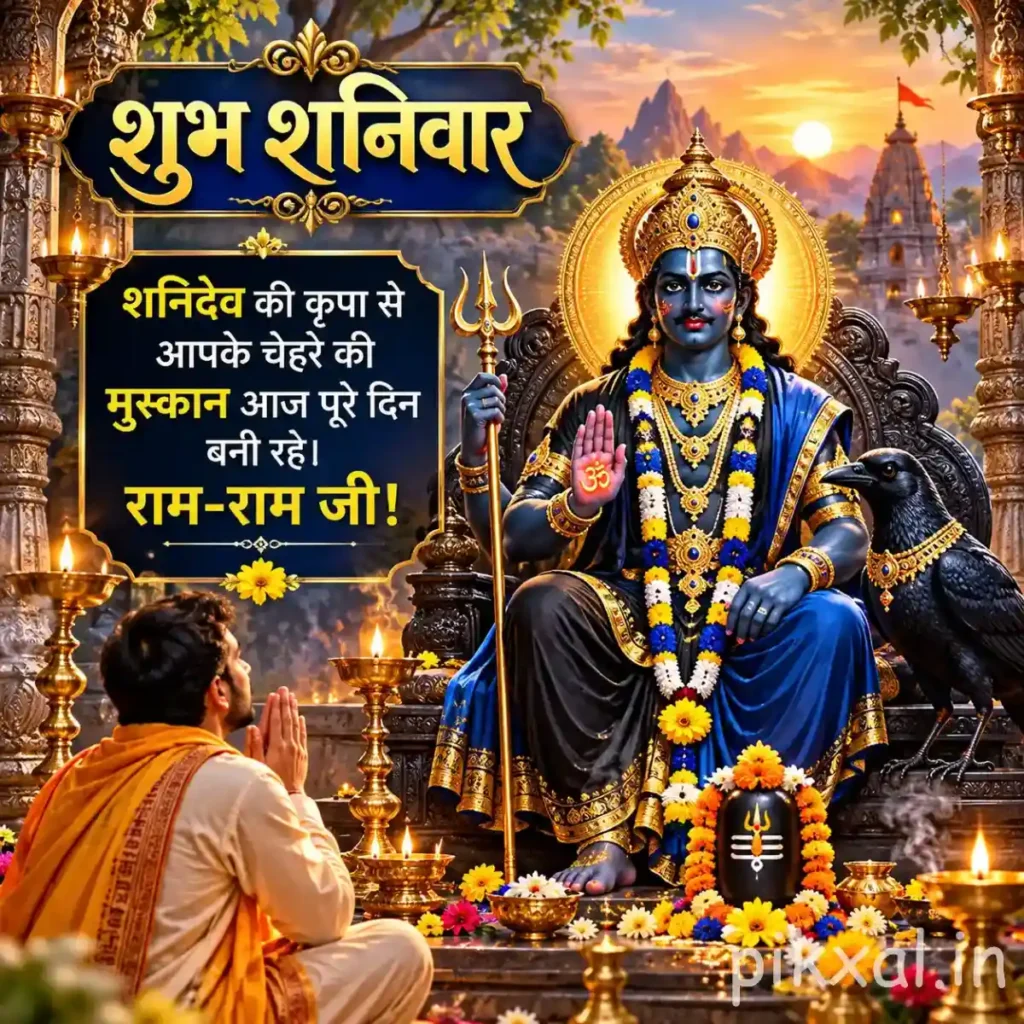 Good Morning Saturday God Images featuring Shani Dev seated on a throne as a devotee prays in a flower-decorated temple