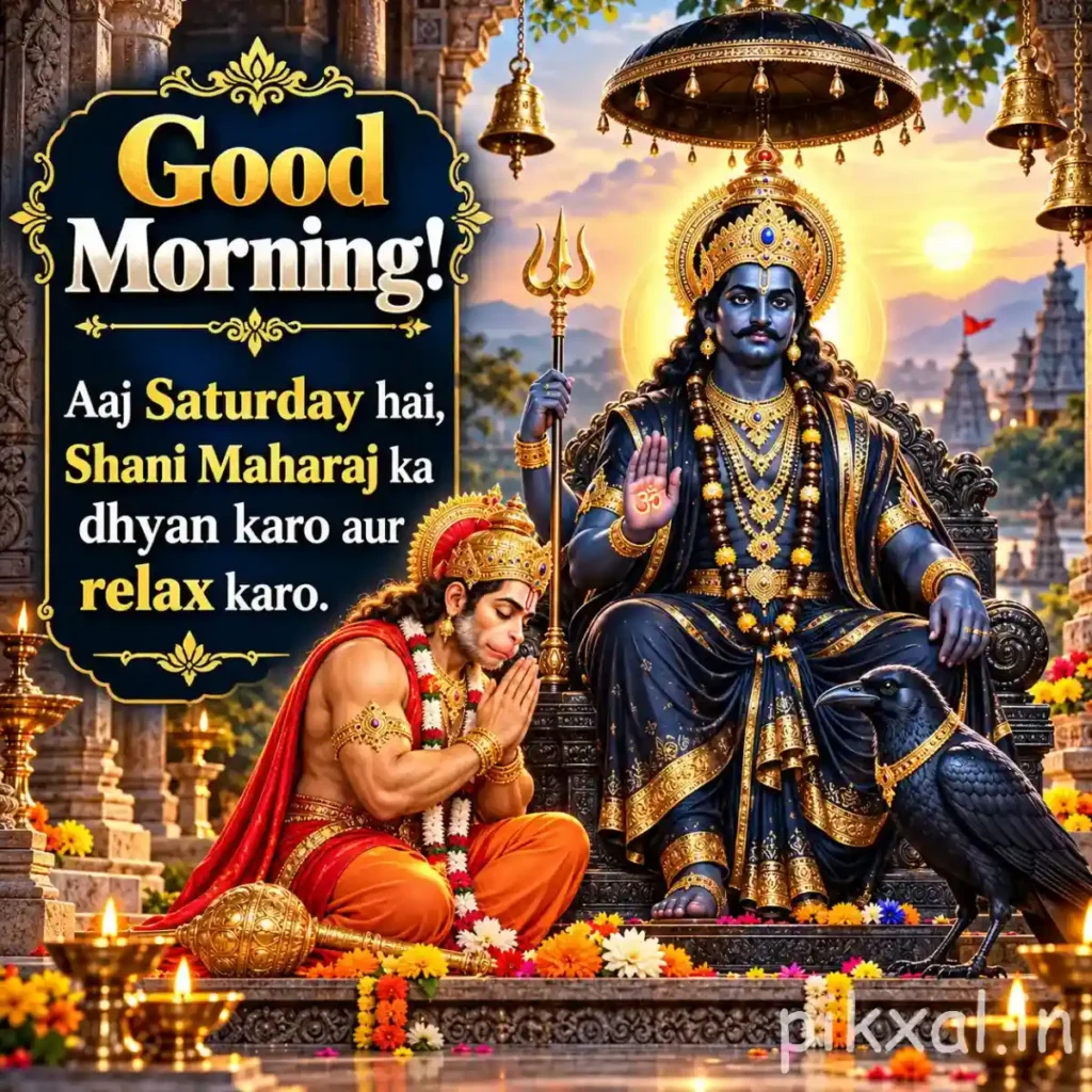Good Morning Saturday God Images depicting Lord Hanuman praying before Shani Dev seated on a decorated throne