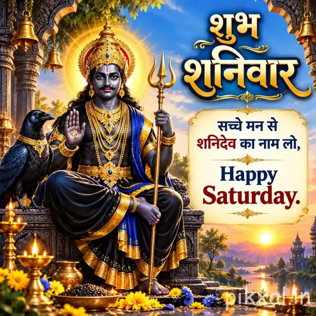 Good Morning Saturday God Images featuring Shani Dev seated with a trident, golden crown and radiant halo