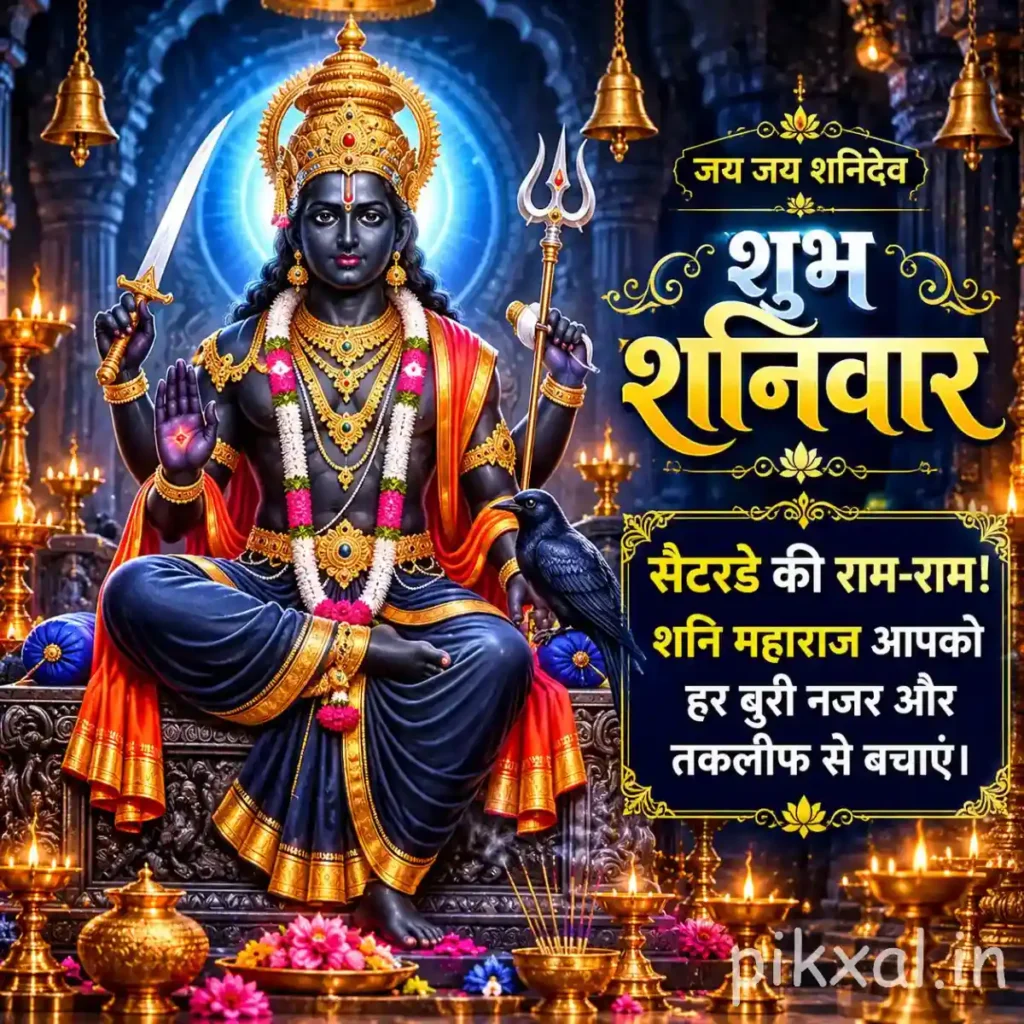Good Morning Saturday God Images featuring Shani Maharaj seated on a decorated throne with a golden crown and blue garments