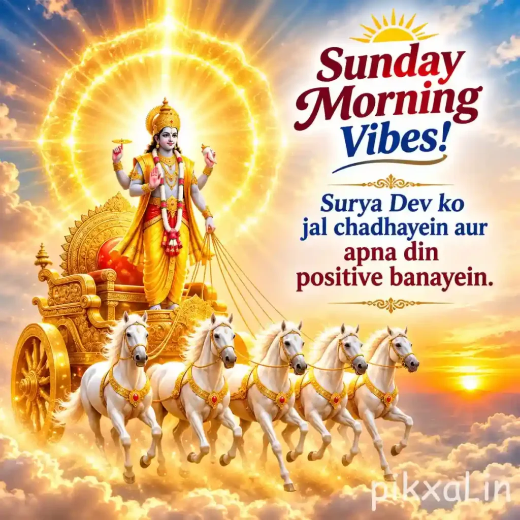 Good Morning Sunday God Images depicting Surya Narayan standing on a golden chariot with seven white horses amid radiant sunlight
