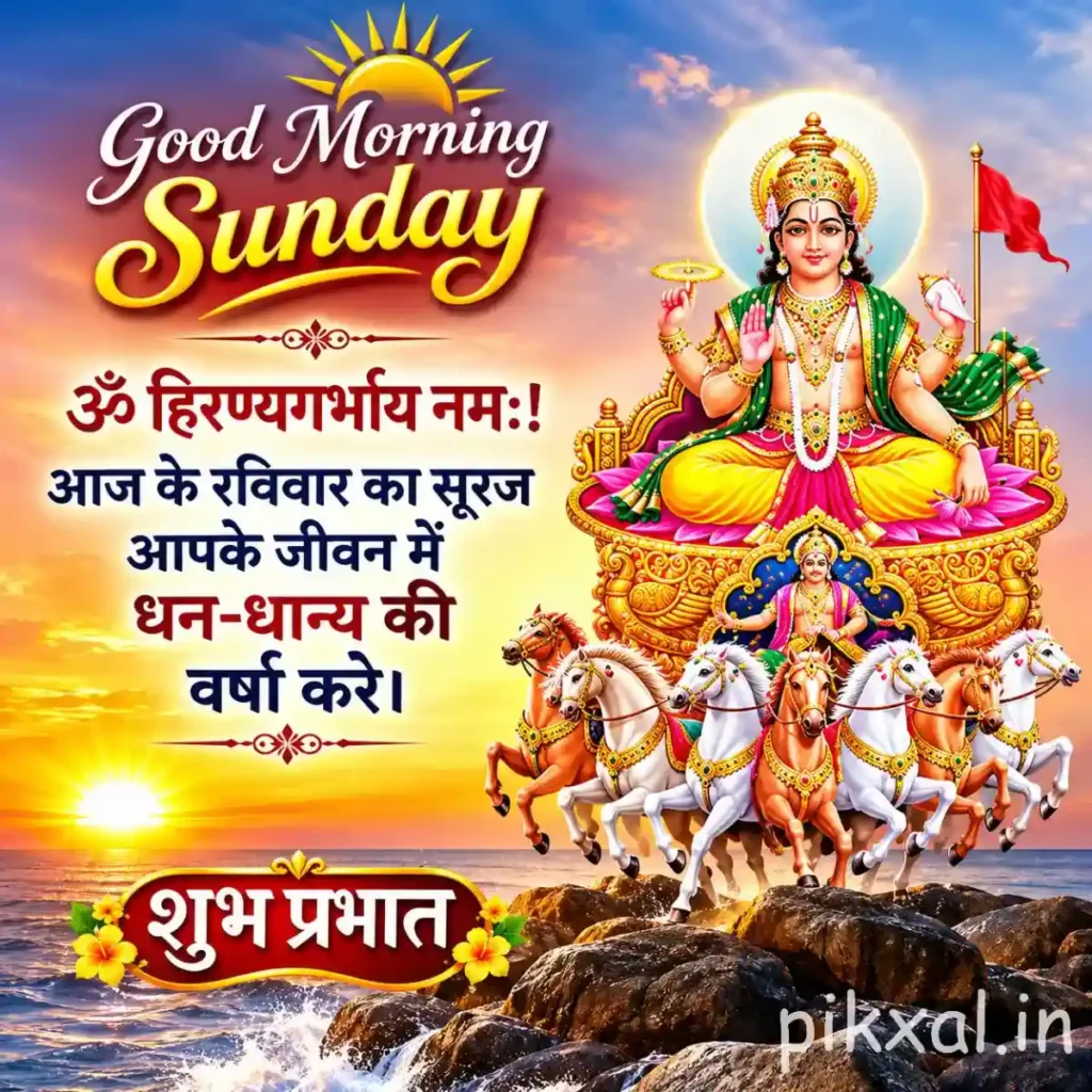 Good Morning Sunday God Images depicting Surya Dev on a golden chariot with seven white horses above a mountain sunrise