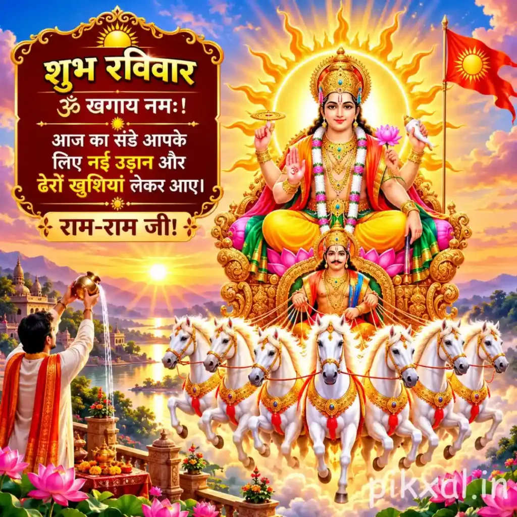 Good Morning Sunday God Images showing Surya Narayan on a golden chariot as a devotee offers prayers