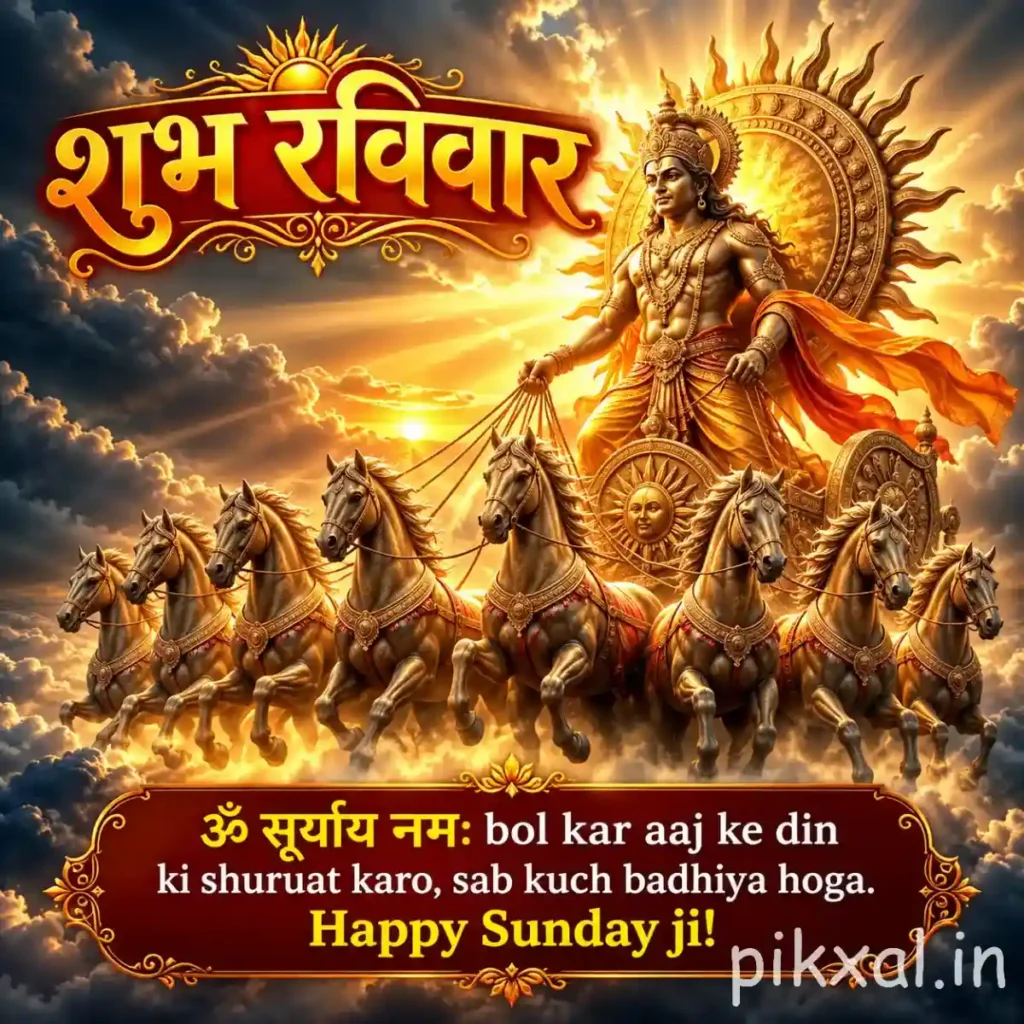 Good Morning Sunday God Images showing Surya Dev riding a golden chariot with seven horses against a glowing golden sky