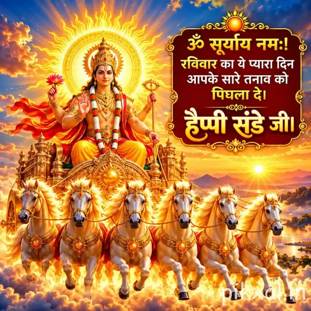 Good Morning Sunday God Images featuring Surya Narayan on a radiant golden chariot pulled by seven horses through the sky