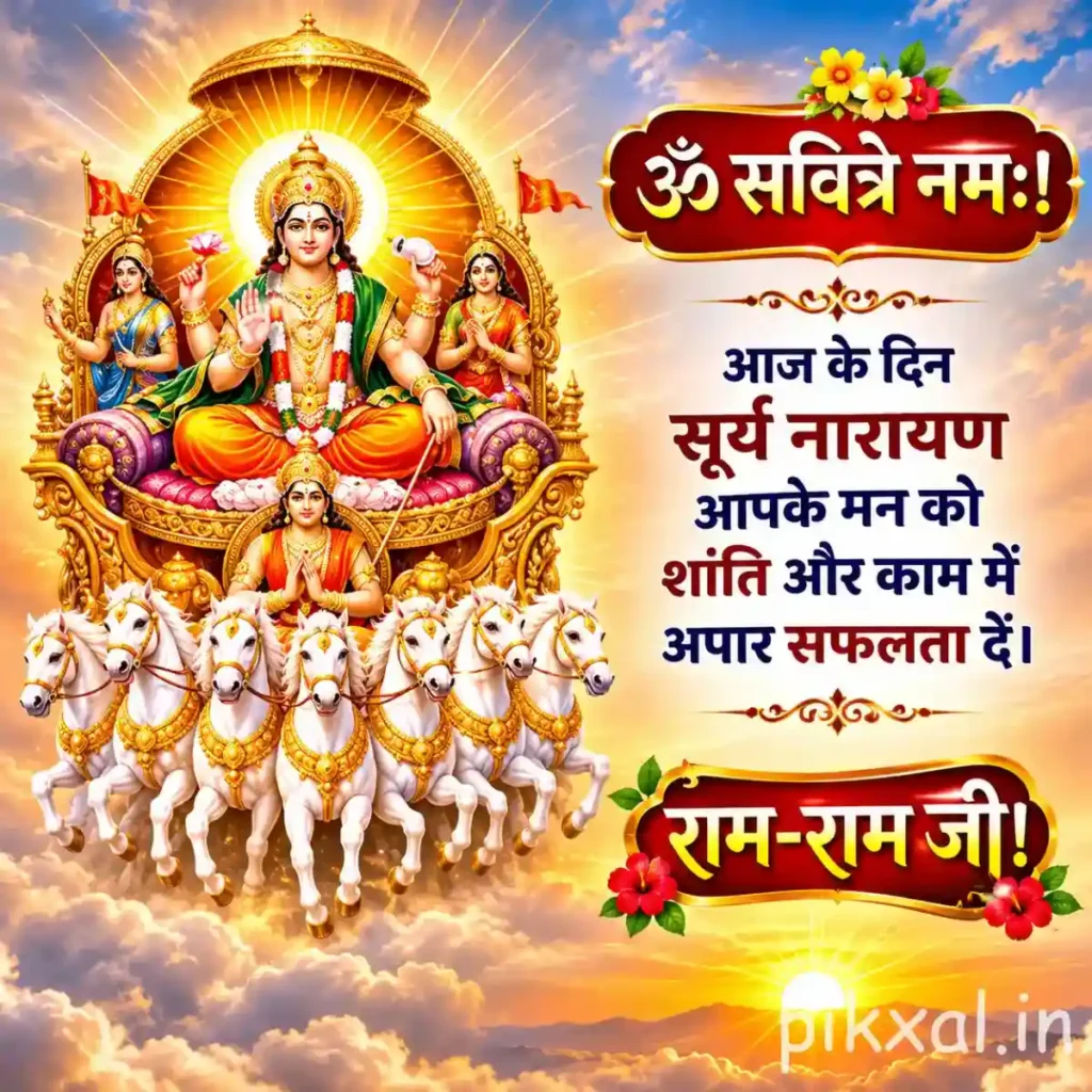 Good Morning Sunday God Images showing Surya Narayan with divine figures on a golden chariot above seven white horses