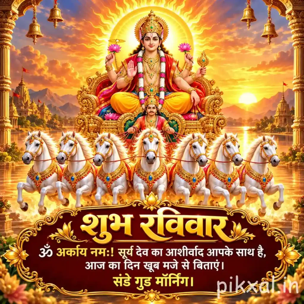 Good Morning Sunday God Images featuring Surya Dev on a golden chariot with seven white horses against a bright sunrise