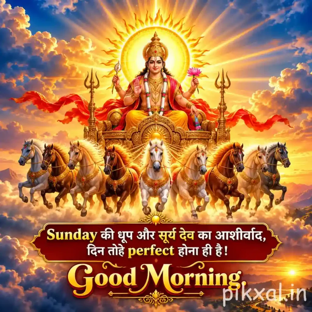 Good Morning Sunday God Images featuring Surya Dev seated on a golden chariot with seven horses against a warm sunrise