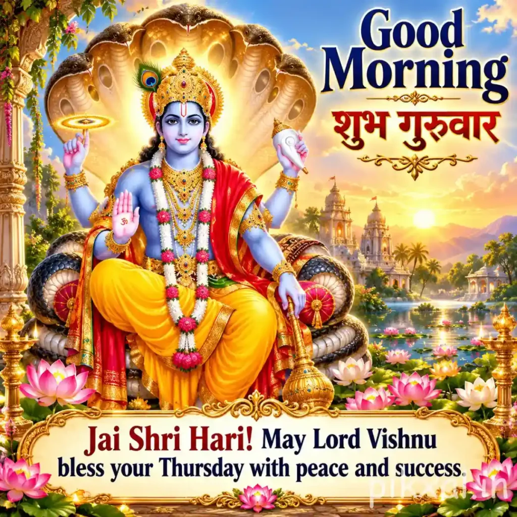 Good Morning Thursday God Images showing Lord Vishnu seated beneath Sheshnag with a golden halo and floral decorations