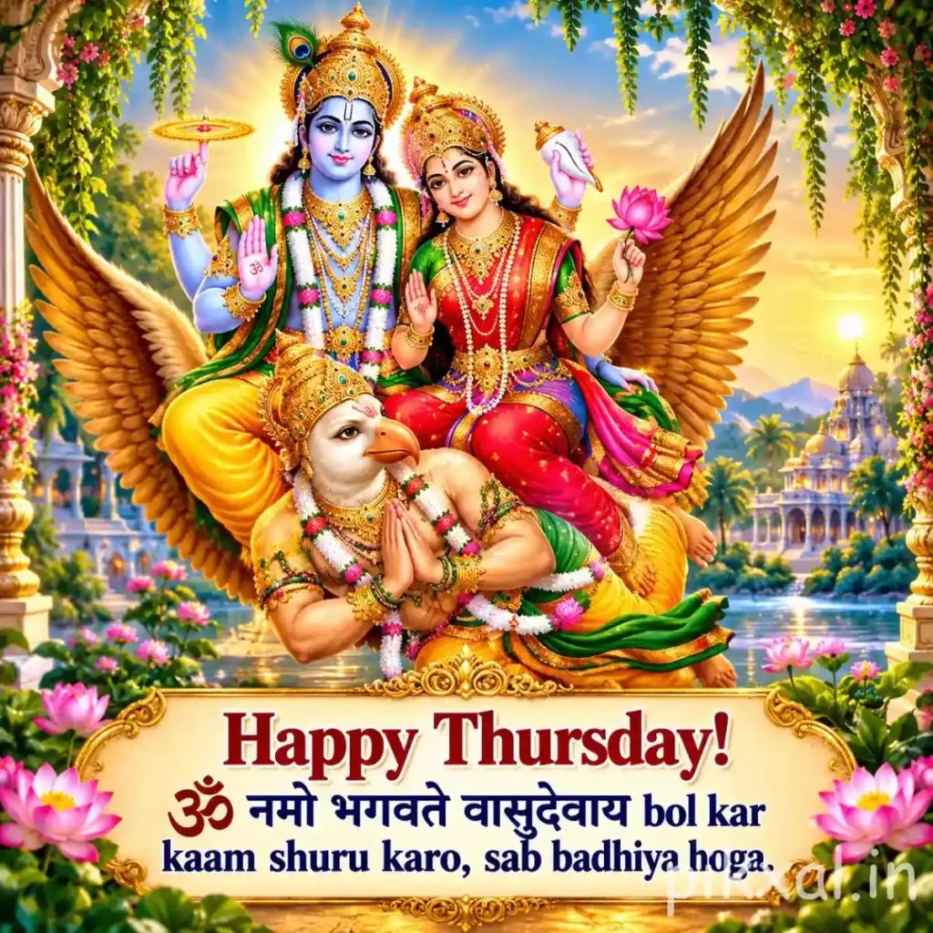 Good Morning Thursday God Images depicting Lord Vishnu and Goddess Lakshmi riding Garuda above a flower-filled landscape