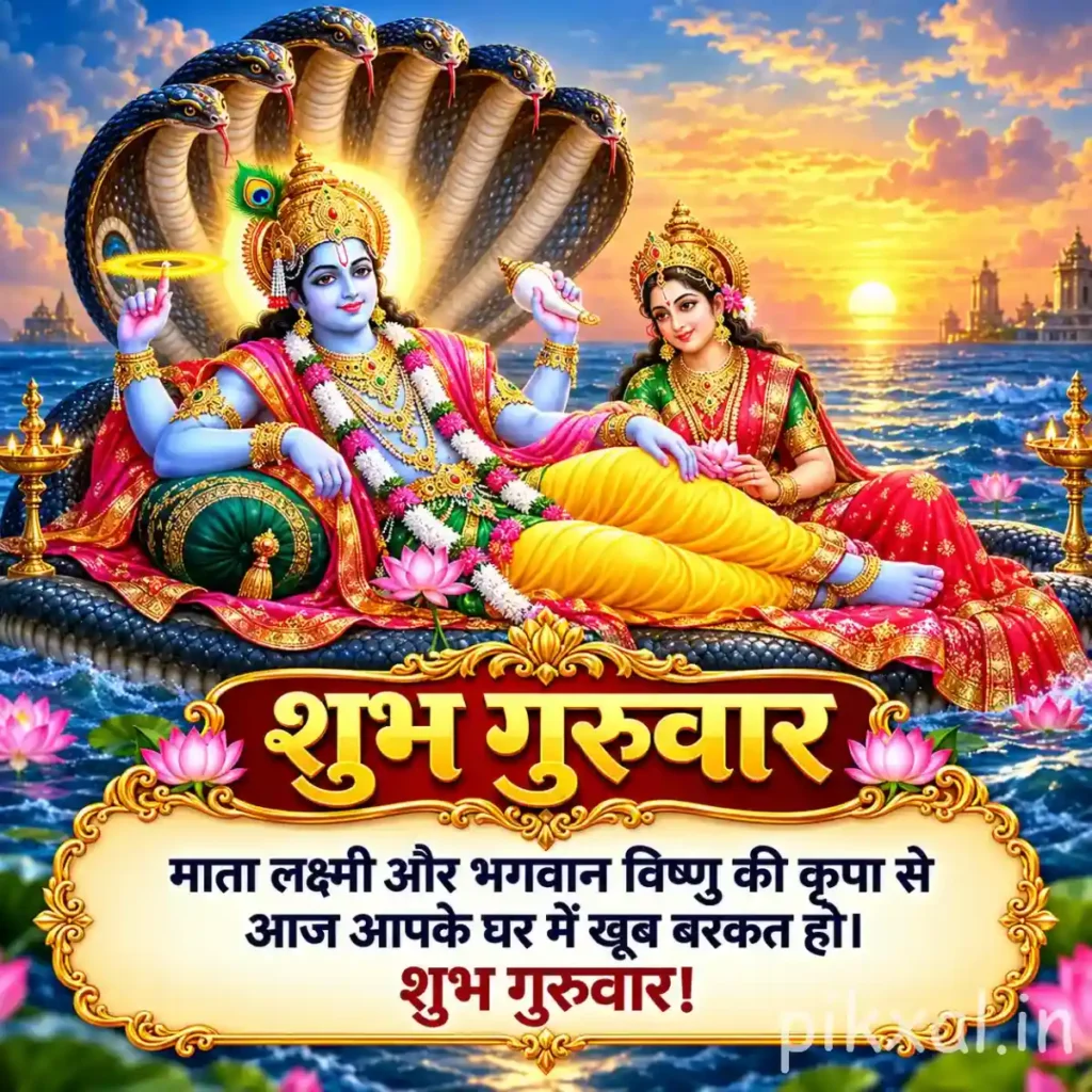 Good Morning Thursday God Images showing Lord Vishnu and Goddess Lakshmi reclining on Sheshnag beside a peaceful lake